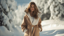 Portrait Of A Woman In Winter, Walking In The Snow