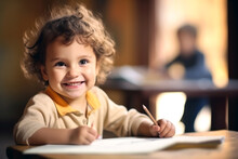 Generative AI Image Of Portrait Of Smiling Preschool Child With Wavy Hair Looking At Camera While Sitting At Table With Pencil In Hand