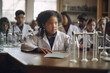 © ADDICTIVE STOCK - Generative AI image of African American preteen kid sitting at table in modern laboratory in school with notepad