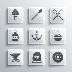 Wall Mural - Set Magic rune, Shield viking, Bottle with potion, Anchor, Anvil for blacksmithing, Whiskey bottle, Mushroom and Oars paddles boat icon. Vector