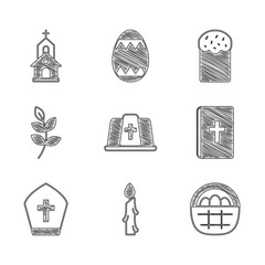 Wall Mural - Set Pope hat, Burning candle, Basket with easter eggs, Holy bible book, Willow leaf, Easter cake and Church building icon. Vector