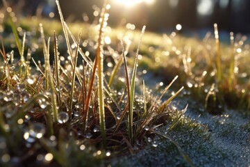 Poster - dewdrops on frost-covered grass reflecting sunlight, created with generative ai