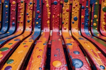 Sticker - raindrops on freshly painted bench, vibrant colors, created with generative ai