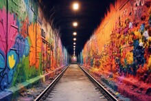 Colorful Graffiti On Subway Tunnel Walls, Created With Generative Ai
