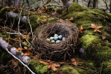 Wall Mural - a camouflaged nest of a rare bird with eggs on the forest floor, created with generative ai