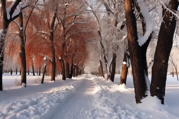 Wall Mural - shoveled pathway through a snow-covered park, created with generative ai