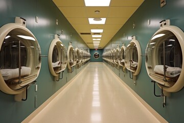 Canvas Print - perspective view of a row of hyperbaric chambers, created with generative ai