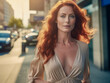 Schöne Frau mit roten Haaren und hellem Make-up beim shoppen in der Stadt, Generative AI