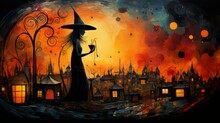A Witch In A Village On A Halloween Night.