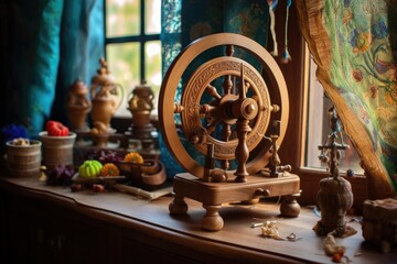 Canvas Print - traditional wooden spinning wheel with silk threads, created with generative ai