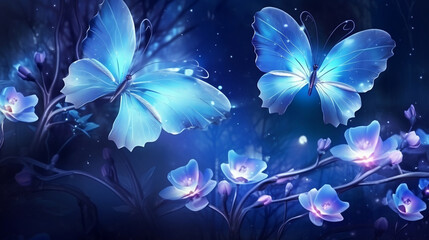 Dreamy iridescent blue flowers. Bioluminescent garden and butterflies. Abstract floral background wallpaper, Generative Ai