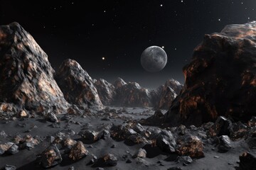 Wall Mural - distant view of asteroids uneven terrain against black space, created with generative ai