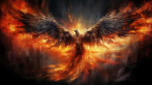 Rising Phoenix In Flames. Abstract Bird Flying From The Fire And Ashes, Generative Ai