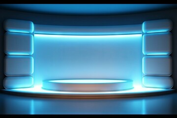 Wall Mural - Modern futuristic podium with neon lighting for product presentation. AI generated, human enhanced