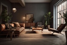 Style Loft Interior With Leather Armchair. AI Generated, Human Enhanced