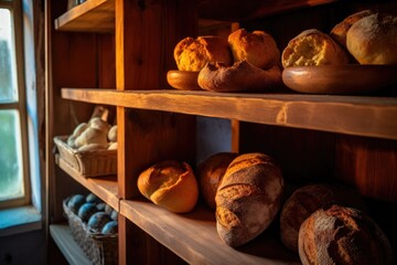 Sticker - freshly baked artisan bread loaves on wooden shelves, created with generative ai