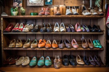 Wall Mural - retro shoes neatly displayed on wooden shelves, created with generative ai