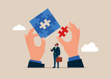 Hand Businessman And Partner Keeps Puzzle. Teamwork, Partnership And Solution Concept. Vector Illustration.