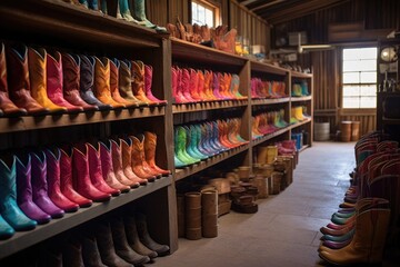 Poster - rows of colorful cowboy boots in workshop, created with generative ai