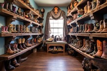 Crafted Cowboy Boots Showcased On Rustic Shelves, Created With Generative Ai