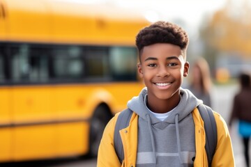 Canvas Print - A boy or schoolboy of African American appearance on a blurred background of a bus. Back To School concept