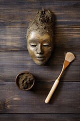 Canvas Print - mud mask and face brush on natural wood surface, created with generative ai