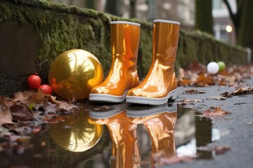 Poster - rain boots with a reflection in a mirror puddle, created with generative ai