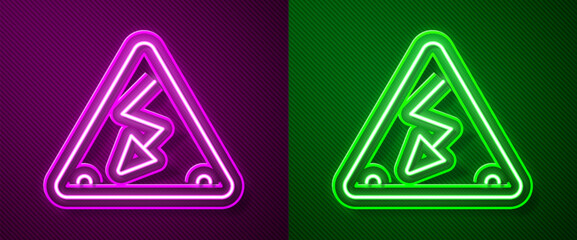 Sticker - Glowing neon line High voltage sign icon isolated on purple and green background. Danger symbol. Arrow in triangle. Warning icon. Vector