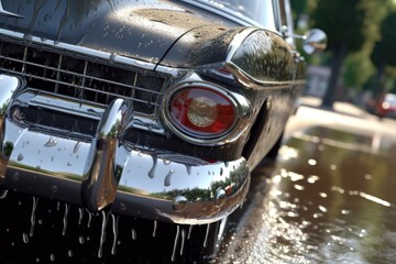 Wall Mural - detail of soapy water running over classic cars chrome bumper, created with generative ai