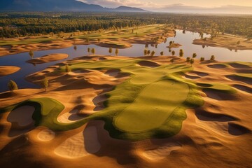 Canvas Print - aerial view of a pristine golf course with sand bunkers, created with generative ai