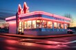 classic 50s diner exterior with neon lights and signage, created with generative ai