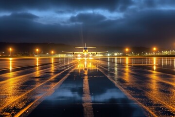 Canvas Print - airport runway lit up with led lights at night, created with generative ai