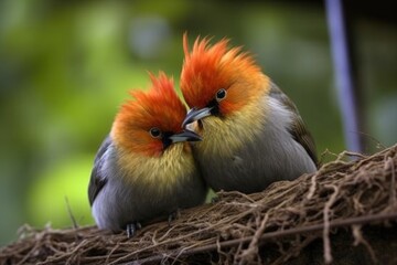 Poster - rare bird couple grooming each other near their nest, created with generative ai