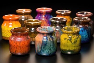 Poster - colorful pottery glazes in small glass containers, created with generative ai