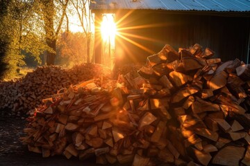 Wall Mural - sunlight shining on a pile of split firewood, created with generative ai