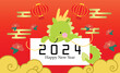 Lantern festival cny 2024 card with cute dragon on clouds pattern. Lunar new year, year of the dragon greetings card with traditional chinese elements, auspicious clouds, flowers and red lanterns.