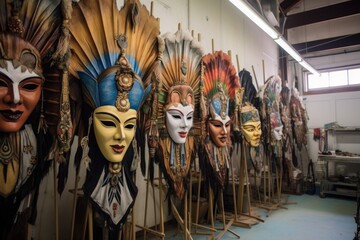 Canvas Print - venetian masks hanging to dry after painting, created with generative ai