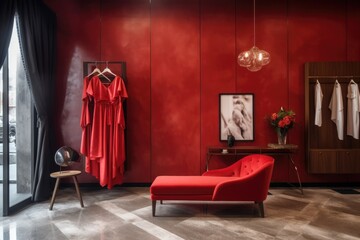 Canvas Print - red dress on hanger against stylish store interior, created with generative ai