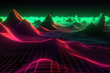 Sticker - 3d render of neon grid landscape with hills and valleys, created with generative ai