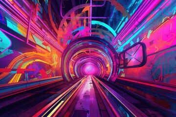 Wall Mural - cyberpunk neon tunnel with vibrant colors, created with generative ai