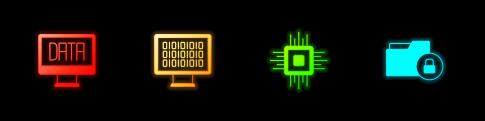 Sticker - Set Data analysis, Binary code, Processor CPU and Folder and lock icon. Vector