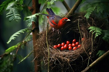 Canvas Print - rare bird feeding its hatchlings in a nest, created with generative ai