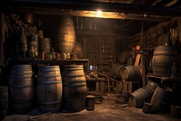 Poster - stack of old barrels in a dimly lit cellar, created with generative ai