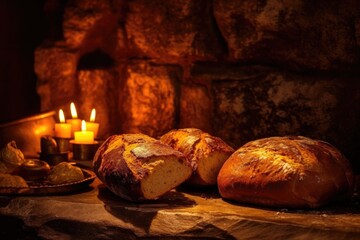 Wall Mural - freshly baked bread with golden crust from stone oven, created with generative ai
