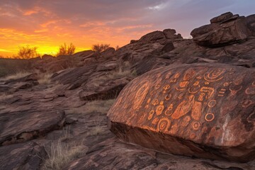 Sticker - petroglyphs on a rock formation at sunset, created with generative ai