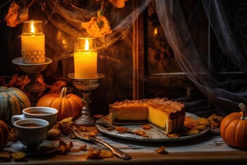 Wall Mural - sliced pumpkin pie next to a lit candle for a cozy atmosphere, created with generative ai