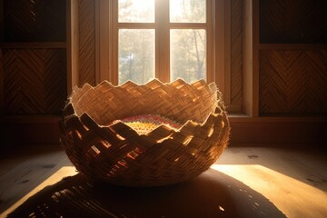 Poster - sunlight streaming onto a half-finished woven basket, created with generative ai