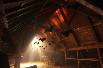 Wall Mural - bats clinging to attic beams near light source, created with generative ai