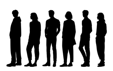 vector silhouettes of men and a women, a group of standing business people, profile, black color iso