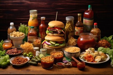 Wall Mural - variety of burger toppings and condiments on table, created with generative ai